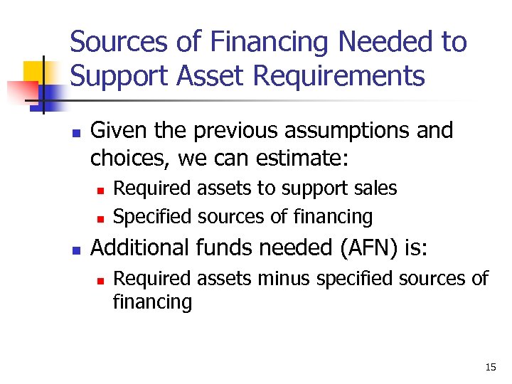 Sources of Financing Needed to Support Asset Requirements n Given the previous assumptions and