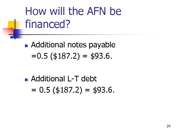 How will the AFN be financed? n n Additional notes payable =0. 5 ($187.