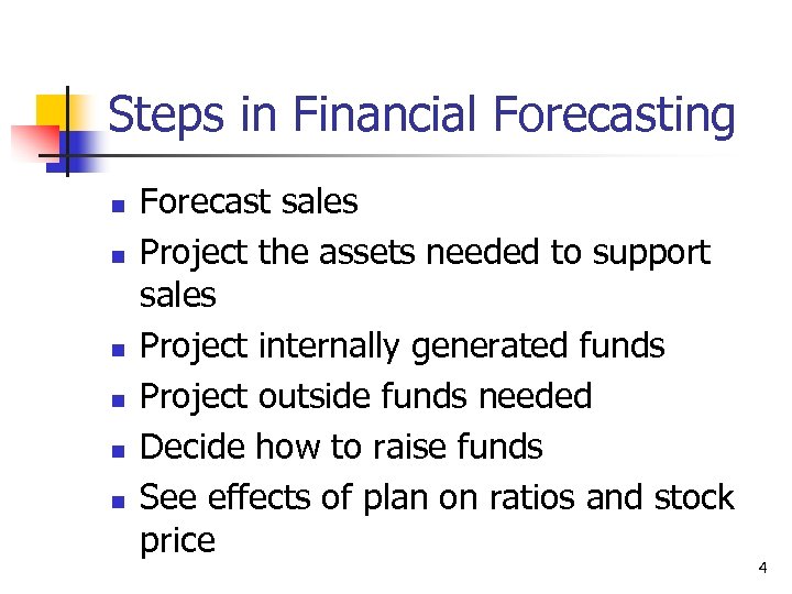 Steps in Financial Forecasting n n n Forecast sales Project the assets needed to