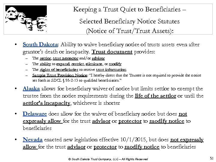 Keeping a Trust Quiet to Beneficiaries – Selected Beneficiary Notice Statutes (Notice of Trust/Trust