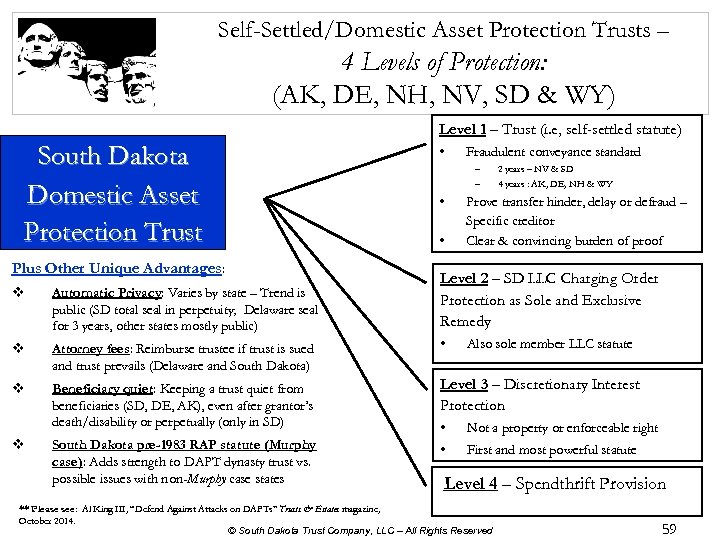 Self-Settled/Domestic Asset Protection Trusts – 4 Levels of Protection: (AK, DE, NH, NV, SD