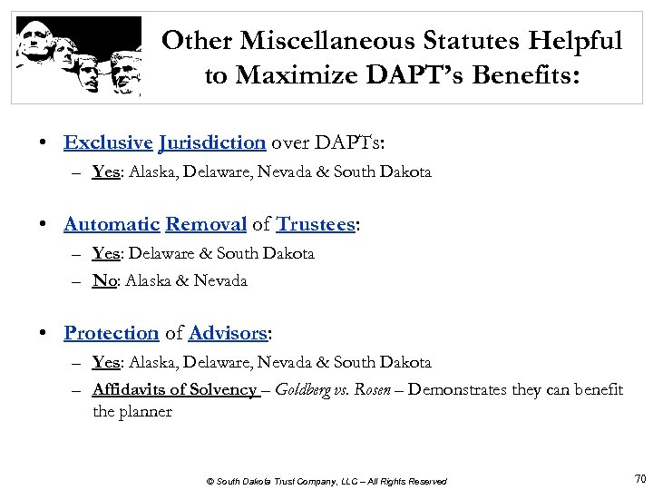 Other Miscellaneous Statutes Helpful to Maximize DAPT’s Benefits: • Exclusive Jurisdiction over DAPTs: –