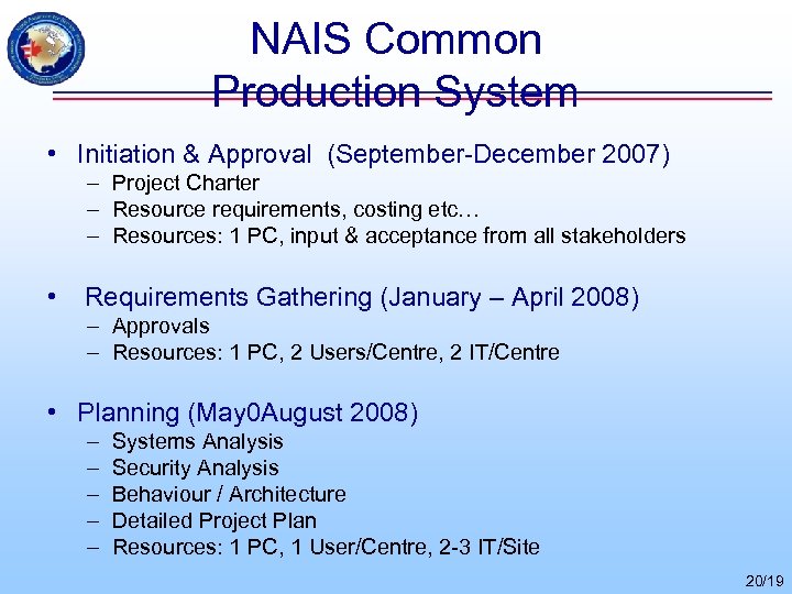 NAIS Common Production System • Initiation & Approval (September-December 2007) – Project Charter –