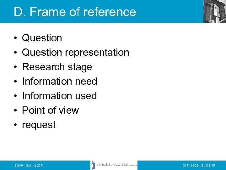 D. Frame of reference • • Question representation Research stage Information need Information used