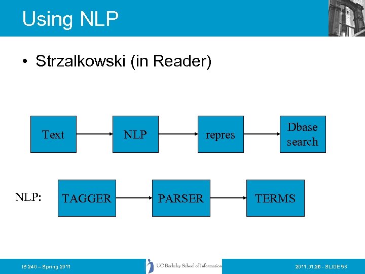 Using NLP • Strzalkowski (in Reader) Text NLP: TAGGER IS 240 – Spring 2011