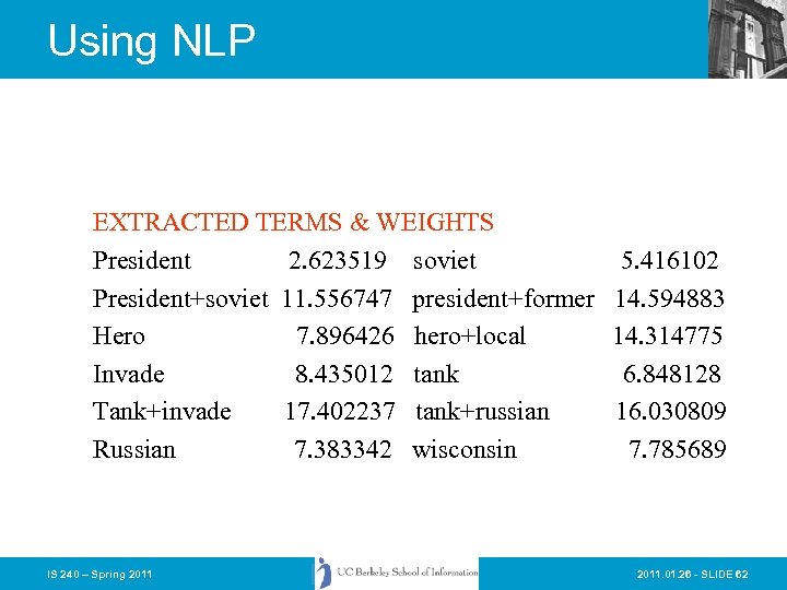 Using NLP EXTRACTED TERMS & WEIGHTS President 2. 623519 soviet President+soviet 11. 556747 president+former