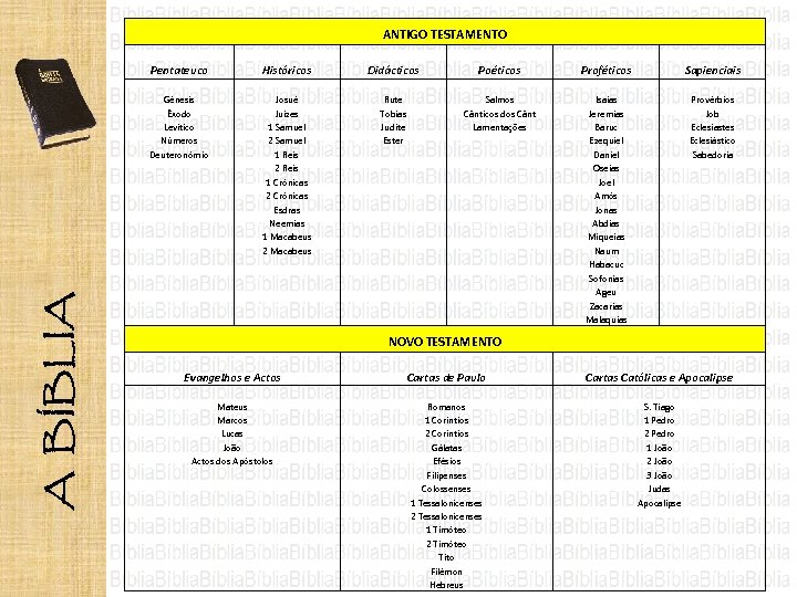 ANTIGO TESTAMENTO Pentateuco Históricos Didácticos Poéticos Proféticos Sapienciais Génesis Êxodo Levítico Números Deuteronómio Josué