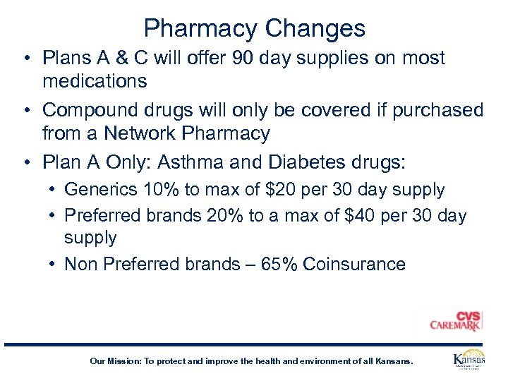 Pharmacy Changes • Plans A & C will offer 90 day supplies on most