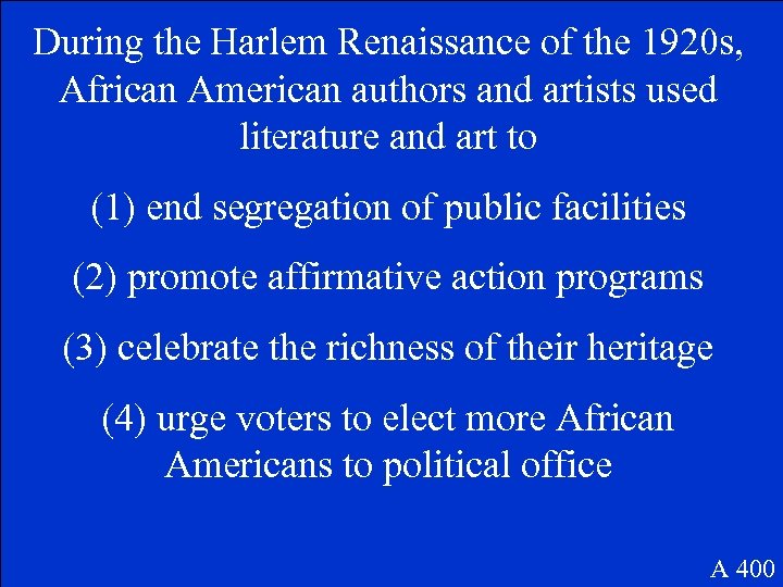 During the Harlem Renaissance of the 1920 s, African American authors and artists used