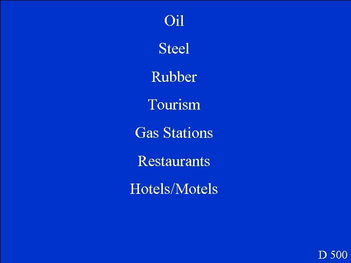 Oil Steel Rubber Tourism Gas Stations Restaurants Hotels/Motels D 500 