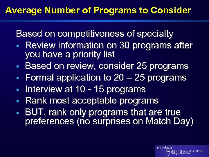 Average Number of Programs to Consider Based on competitiveness of specialty § Review information