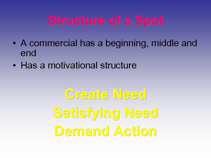 Structure of a Spot • A commercial has a beginning, middle and end •