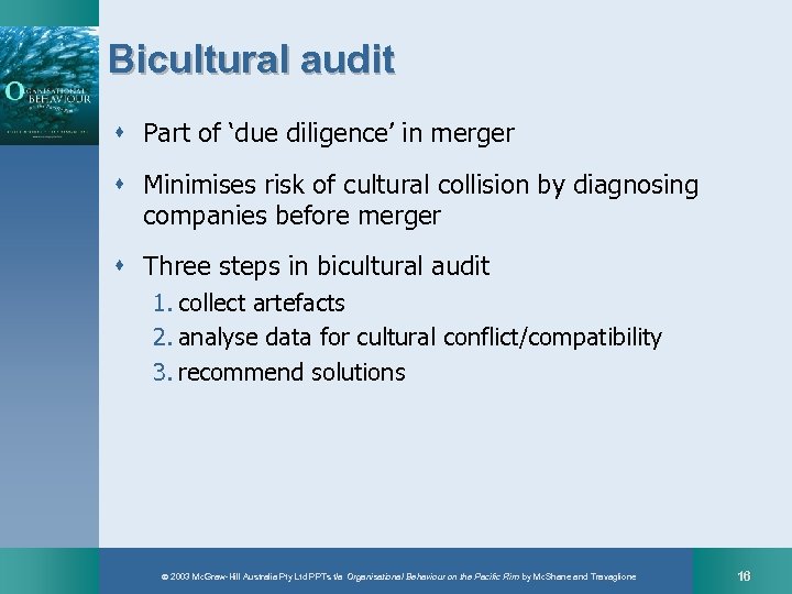 Bicultural audit s Part of ‘due diligence’ in merger s Minimises risk of cultural
