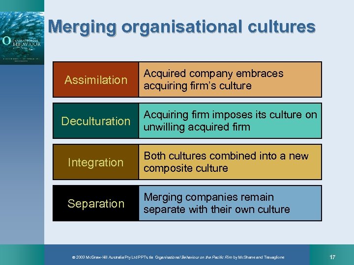Merging organisational cultures Assimilation Deculturation Acquired company embraces acquiring firm’s culture Acquiring firm imposes