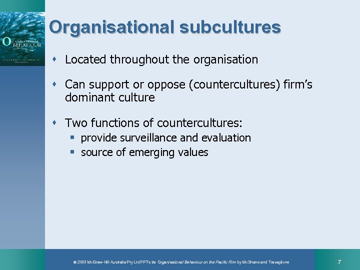 Organisational subcultures s Located throughout the organisation s Can support or oppose (countercultures) firm’s