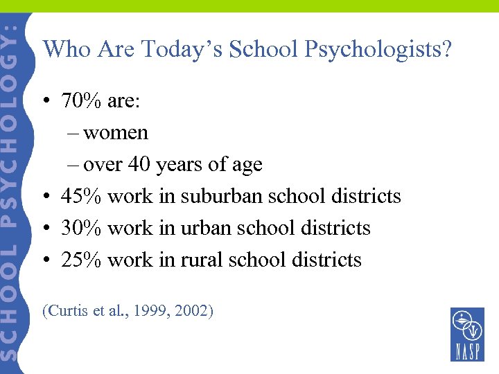 Who Are Today’s School Psychologists? • 70% are: – women – over 40 years