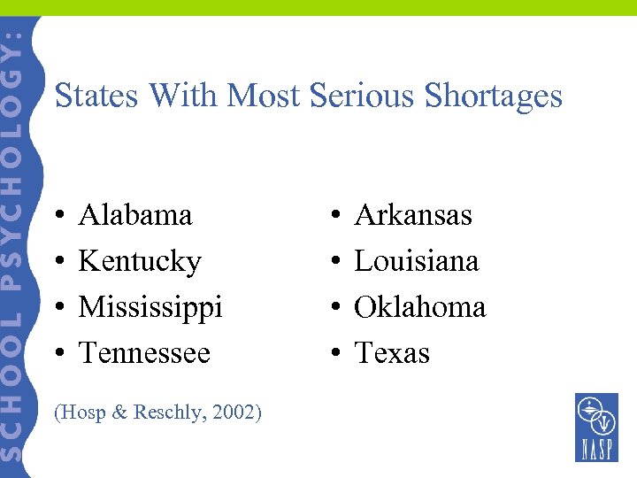 States With Most Serious Shortages • • Alabama Kentucky Mississippi Tennessee (Hosp & Reschly,
