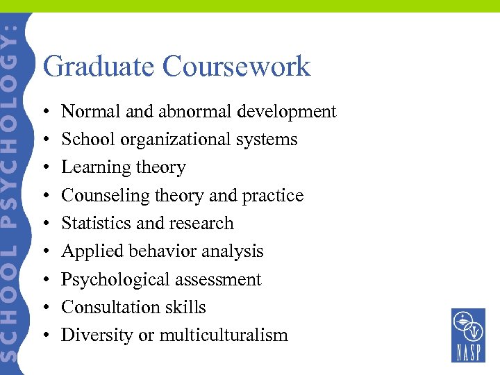 Graduate Coursework • • • Normal and abnormal development School organizational systems Learning theory