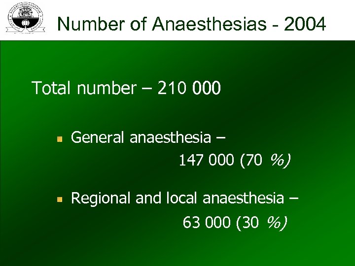 Number of Anaesthesias - 2004 Total number – 210 000 General anaesthesia – 147