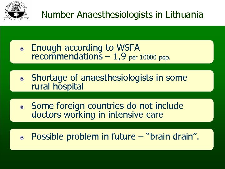 Number Anaesthesiologists in Lithuania Enough according to WSFA recommendations – 1, 9 per 10000