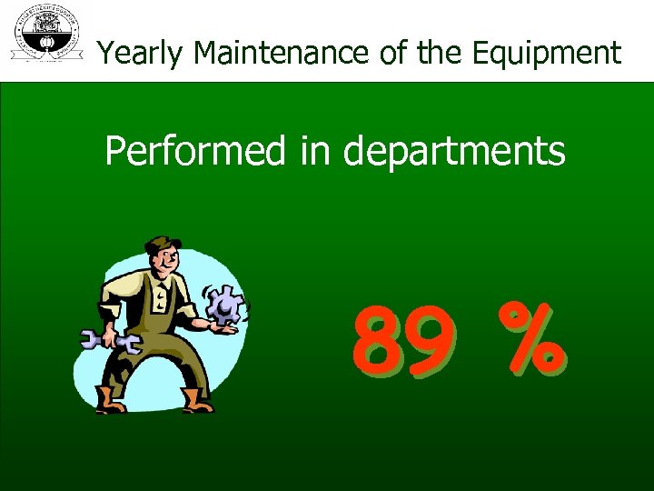 Yearly Maintenance of the Equipment Performed in departments 89 % 