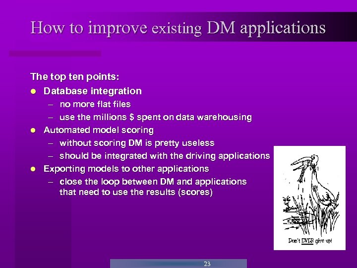 How to improve existing DM applications The top ten points: Database integration – no