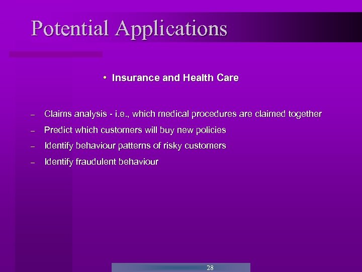 Potential Applications • Insurance and Health Care - Claims analysis - i. e. ,