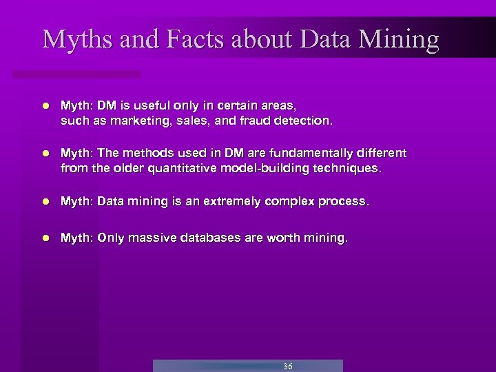 Myths and Facts about Data Mining Myth: DM is useful only in certain areas,