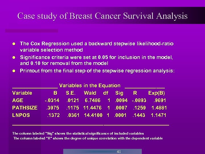 Case study of Breast Cancer Survival Analysis The Cox Regression used a backward stepwise
