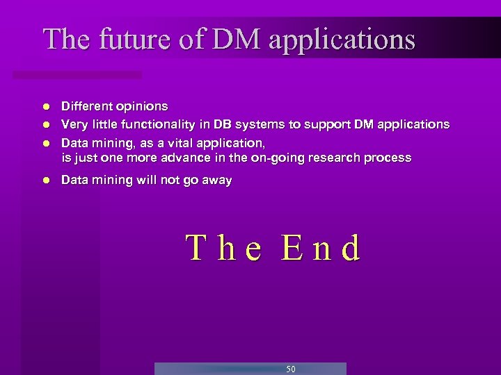 The future of DM applications Different opinions Very little functionality in DB systems to