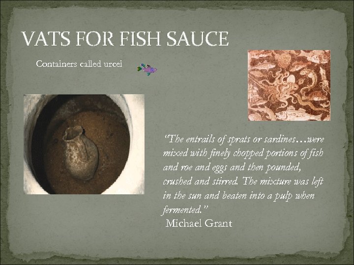 VATS FOR FISH SAUCE Containers called urcei “The entrails of sprats or sardines…were mixed