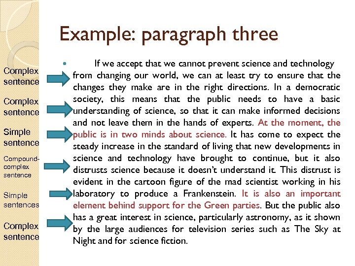 Example: paragraph three Complex sentence Simple sentence Compoundcomplex sentence Simple sentences Complex sentence If