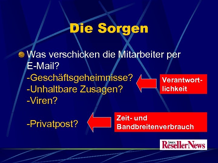 Die Sorgen Was verschicken die Mitarbeiter per E-Mail? -Geschäftsgeheimnisse? Verantwortlichkeit -Unhaltbare Zusagen? -Viren? -Privatpost?