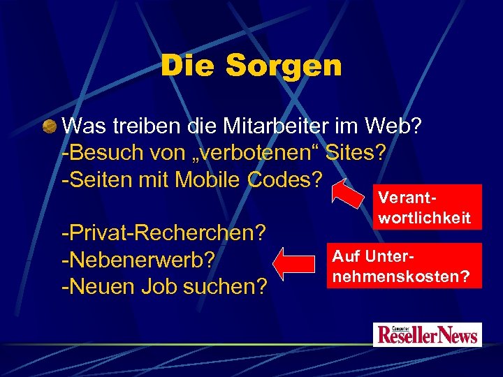 Die Sorgen Was treiben die Mitarbeiter im Web? -Besuch von „verbotenen“ Sites? -Seiten mit