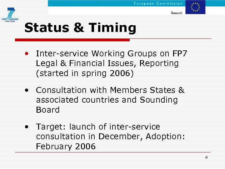 Status & Timing • Inter-service Working Groups on FP 7 Legal & Financial Issues,