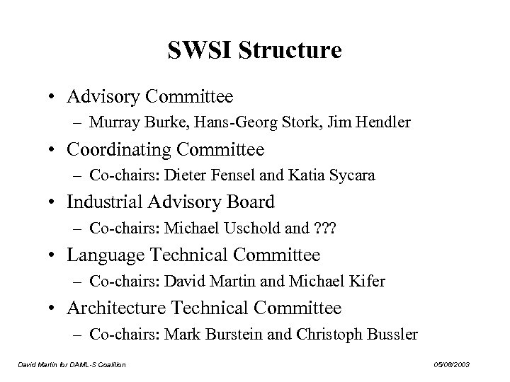 SWSI Structure • Advisory Committee – Murray Burke, Hans-Georg Stork, Jim Hendler • Coordinating