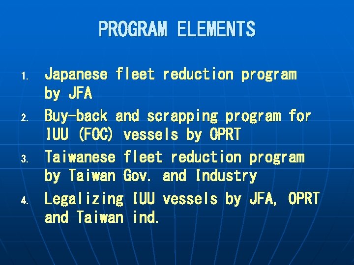 PROGRAM ELEMENTS 1. 2. 3. 4. Japanese fleet reduction program by JFA Buy-back and