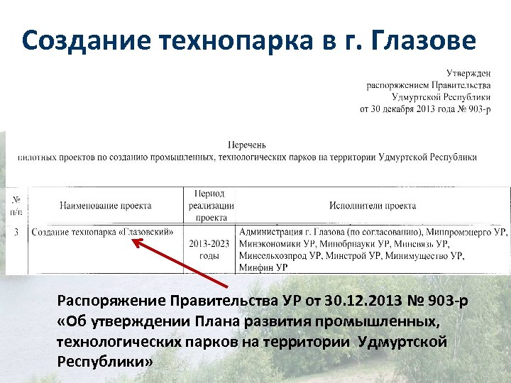 Создание технопарка в г. Глазове Распоряжение Правительства УР от 30. 12. 2013 № 903