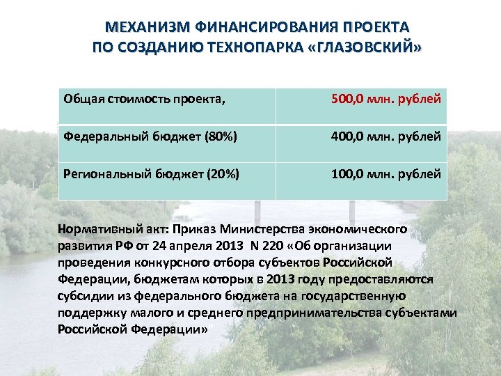 МЕХАНИЗМ ФИНАНСИРОВАНИЯ ПРОЕКТА ПО СОЗДАНИЮ ТЕХНОПАРКА «ГЛАЗОВСКИЙ» Общая стоимость проекта, 500, 0 млн. рублей