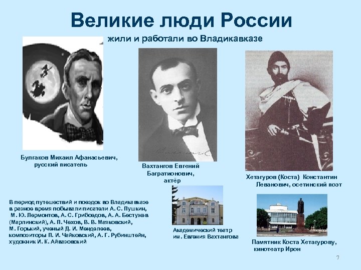 Великие люди России жили и работали во Владикавказе Булгаков Михаил Афанасьевич, русский писатель Вахтангов