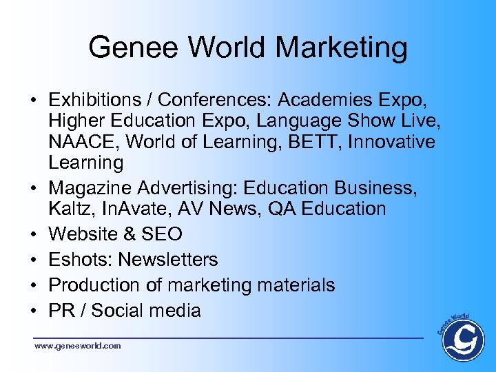 Genee World Marketing • Exhibitions / Conferences: Academies Expo, Higher Education Expo, Language Show