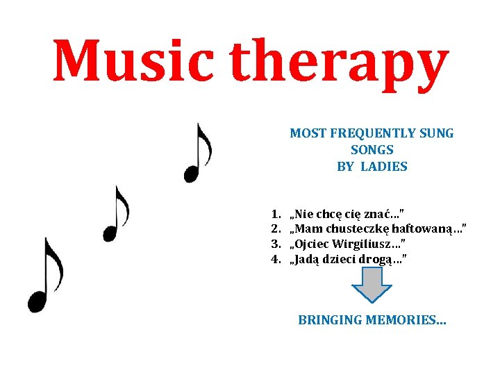 Music therapy MOST FREQUENTLY SUNG SONGS BY LADIES 1. 2. 3. 4. „Nie chcę