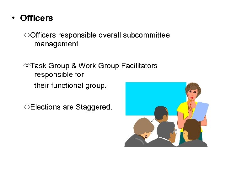 • Officers óOfficers responsible overall subcommittee management. óTask Group & Work Group Facilitators