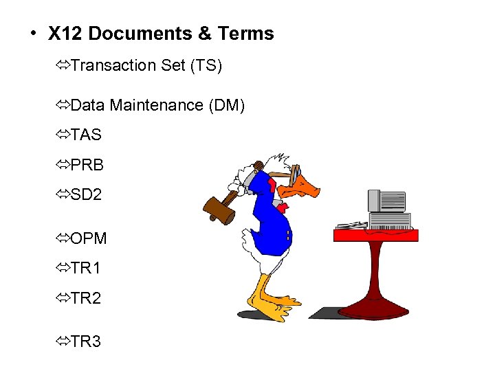  • X 12 Documents & Terms óTransaction Set (TS) óData Maintenance (DM) óTAS