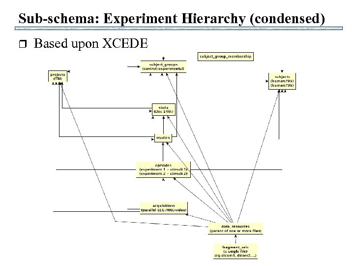 Sub-schema: Experiment Hierarchy (condensed) r Based upon XCEDE 