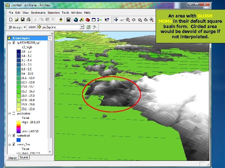 An area with SLOSH MOMs in their default square basin form. Circled area would