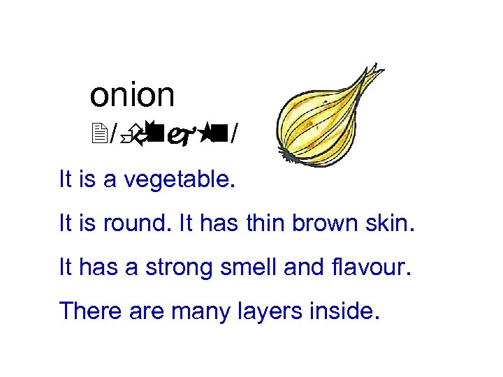 onion 2/Ènj « Ã n/ It is a vegetable. It is round. It has