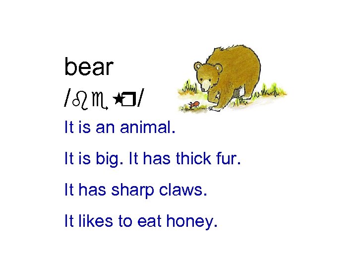 bear /be / r It is an animal. It is big. It has thick
