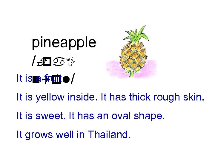 pineapple /È pa. I It isn. Qpl/ a fruit. It is yellow inside. It