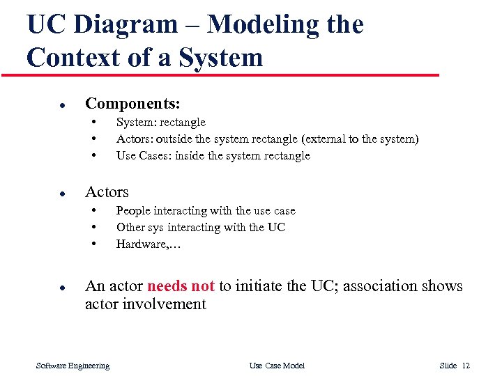 UC Diagram – Modeling the Context of a System l Components: • • •